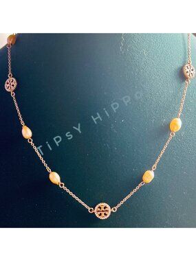 NEW!!  Tory Burch Rose Gold Miller Crystal Pave Logo and Pearl Necklace